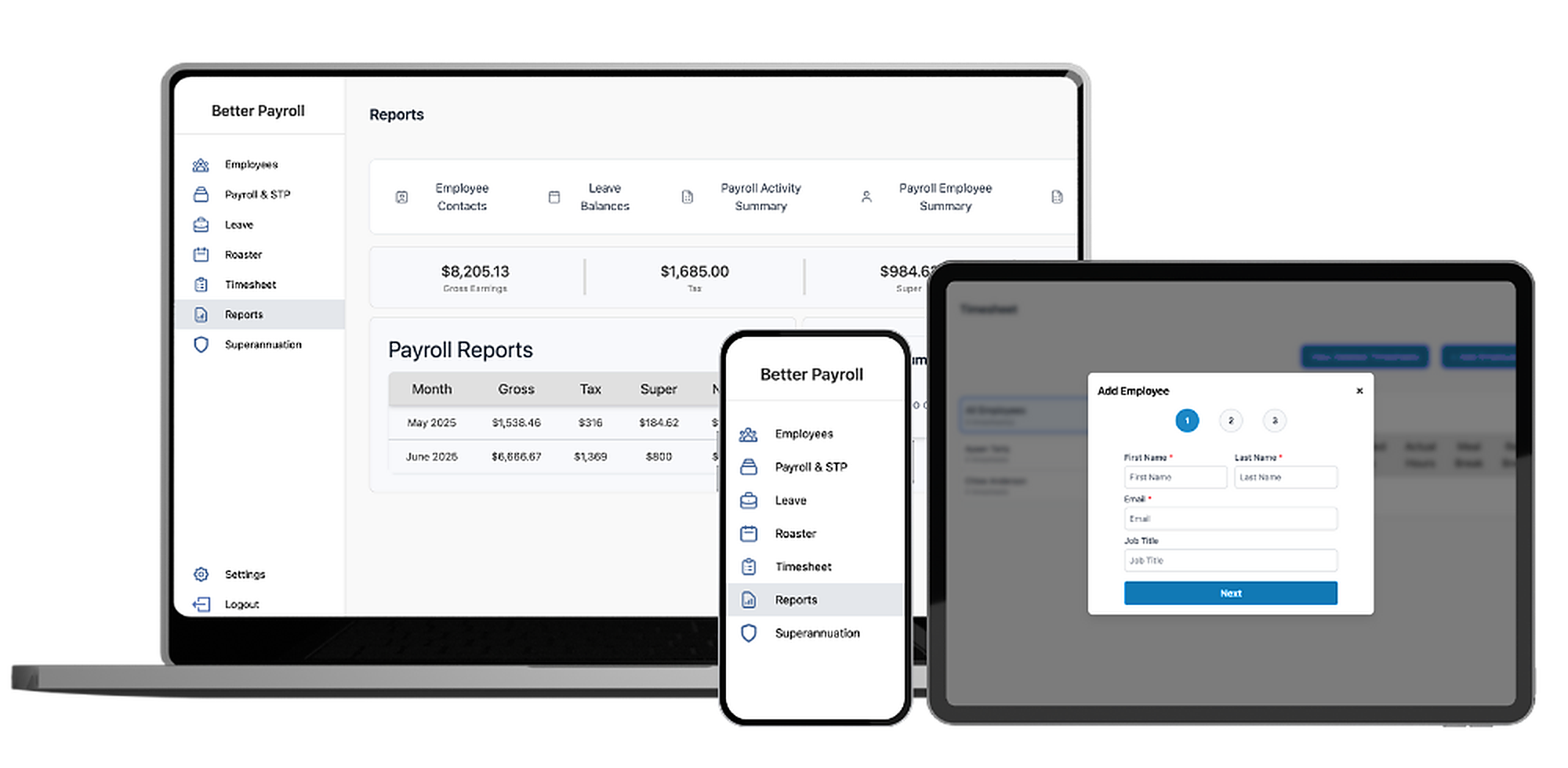 BetterPayroll on laptop, tablet and phone