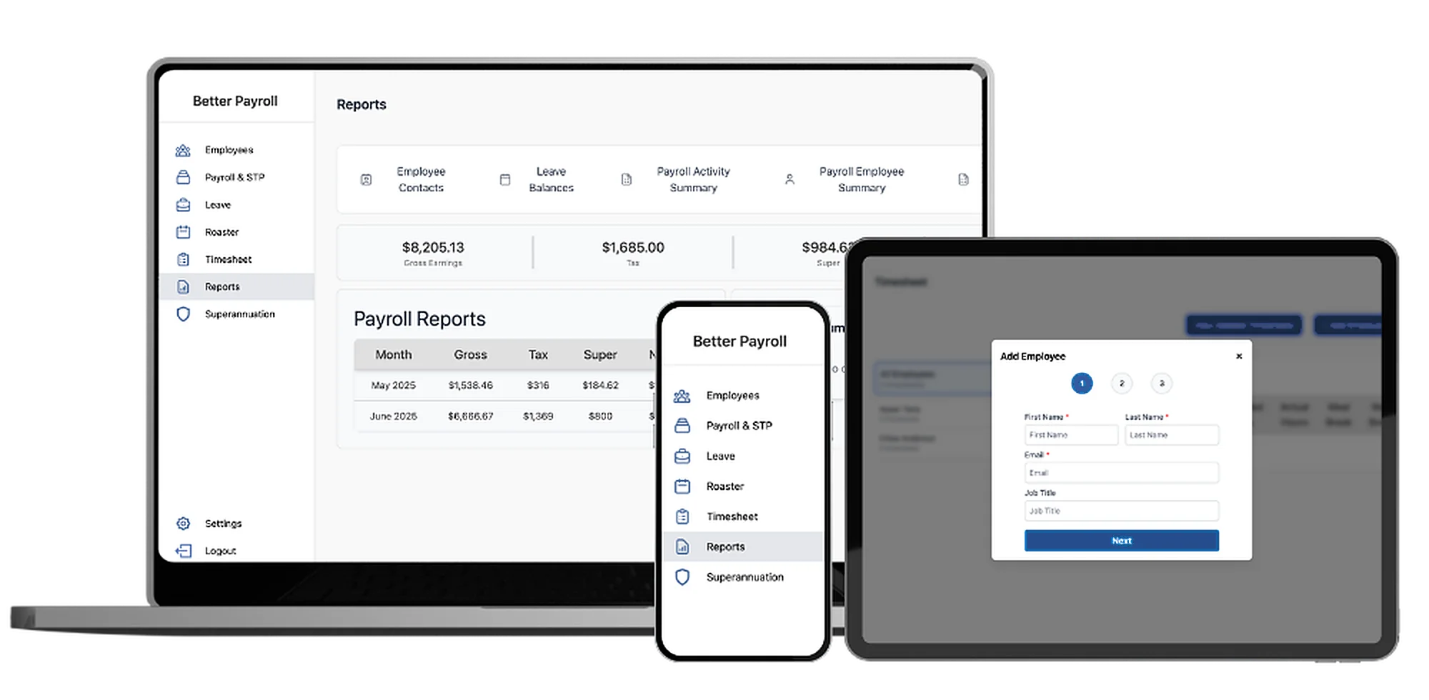 BetterPayroll on laptop, tablet and phone